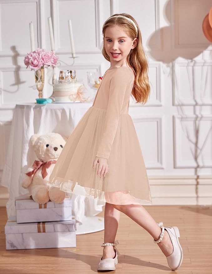 Arshiner Toddler Girls Tutu Dress Long Sleeve Fall Winter Button Front Party Tulle Dresses 2-8Y