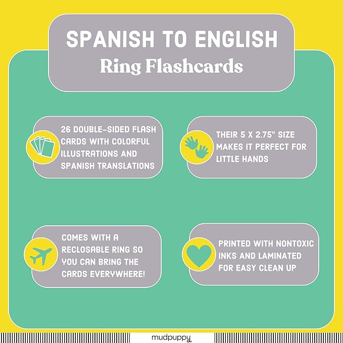 Mudpuppy Spanish To English — Ring Flashcards 26 Durable Double Sided Bilingual Language Cards Reclosable Ring With Colorful Art For Ages 1+ Perfect For Preschool Or Travel For Teachers And Parents
