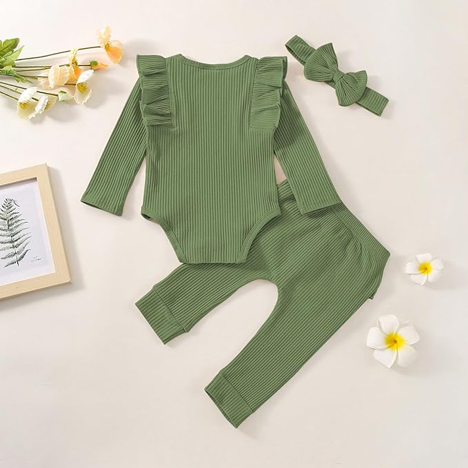 Baby Girl Clothes Newborn Infant Fall Winter Outifts Ribbed Ruffle Long Sleeve Romper Pant Outfit Set 3pcs 0-18Months
