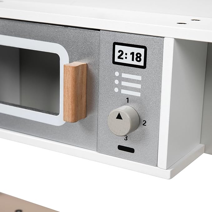 Kids White Wooden Play Kitchen Sink Microwave Oven Stoves Cabinet Shelf Interactive Turning Knob Clock Little Chef Storage Kitchenware Plates Pans Cutting Board Spice Bottles Knife Spatula