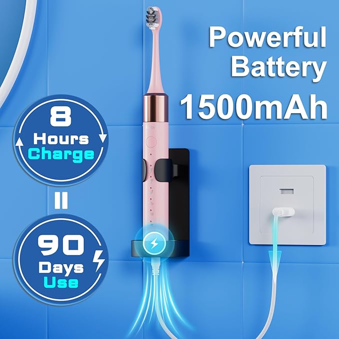 Sonic Electric Toothbrush for Adults & Kids, Rechargeable Electric Toothbrush with 10 Brush Heads & Travel Case, Teeth Whitening, Power Electric Toothbrush with Holder, Charge for 120 Days - Pink