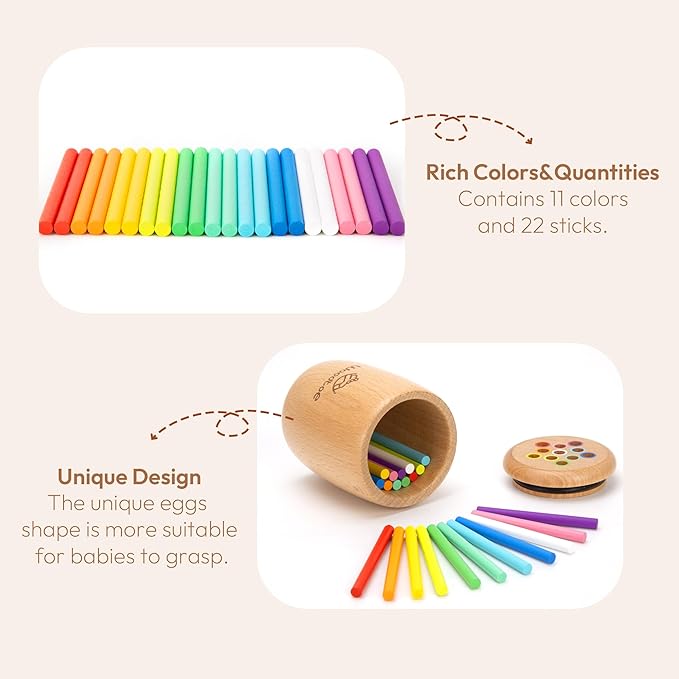 Wooden Montessori Sticks Toys for Kids, 11 Colors Toddler Learning Toys for 1-3 Year Old, Natural Wood Educational Sorting Toy, Sensory Toys Travel Game for Boys Girls Aged 1+