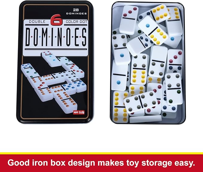 Double Six Dominoes, 28 Tile Colored Dots Domino Game Set with Tin Box, Classic Family Board Games for Kids, Adults and Families for 2-4 Players