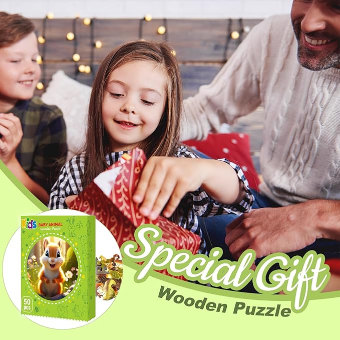 Wooden Jigsaw Puzzles for Kids Ages 4-6, 50 Piece Unique Shape Animal Theme Puzzle - Preschool Learning Educational Toys for Kids 3+, Valentines Day Easter Gifts for Kids Girls Boys (Squirrel)