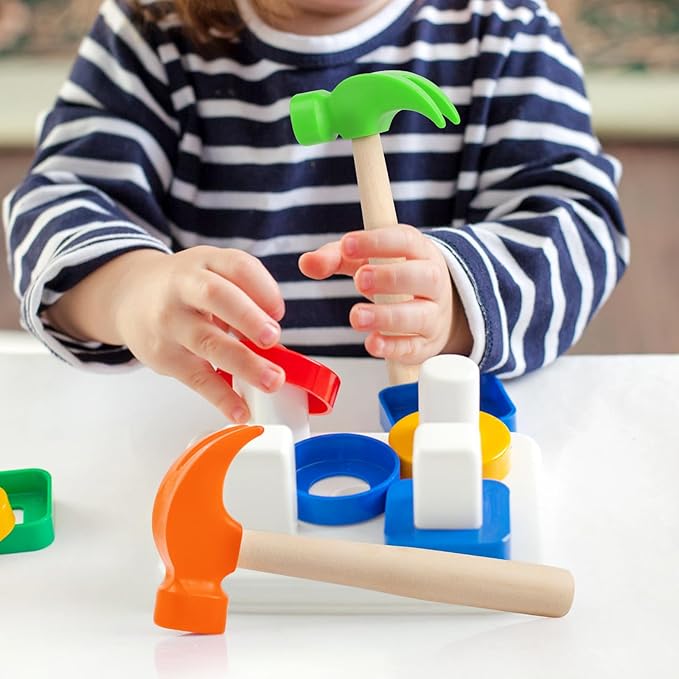 2 Pack Wooden Hammer Toys Simulation Hammers Maintenance Tools Educational Toys for Kids Birthday Party Games Supplies (Orange + Green)