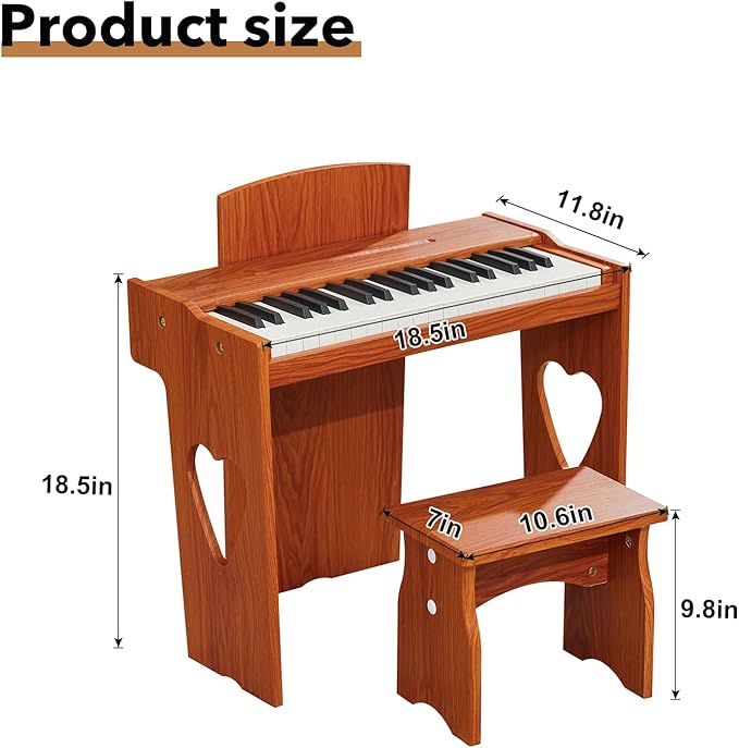 Kids Piano Keyboard, 37 Keys Digital Piano for Children, Toddler Music Educational Instrument Toy Wood Piano for 2+ Girls and Boys (brown)