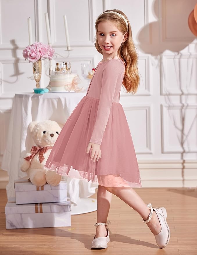 Arshiner Toddler Girls Tutu Dress Long Sleeve Fall Winter Button Front Party Tulle Dresses 2-8Y