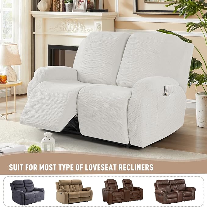 KinCam Recliner Covers, Stretch Reclining Chair Covers, Recliner Sofa Slipcovers Stripe Jacquard Recliner Couch Covers Furniture Protector Covers (2 XL Seater, Cream)