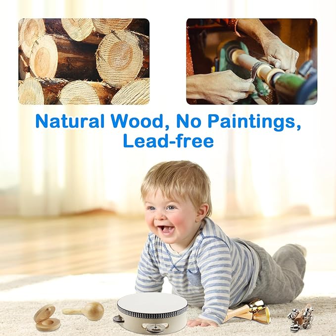 Chriffer Kids Musical Instruments Toys, Percussion Instruments Set with Storage Bag, Preschool Educational Music Toys for Boys Girls, Natural Eco-Friendly Wooden Music Set (10pcs)