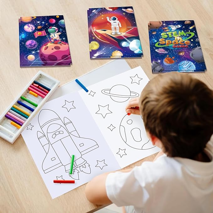 146Pcs Space Themed Coloring Books with Crayons Bulk Outer Space Party Favors for Toddlers Kids 3-5 4-8 Tattoo Stickers Stamper Slap Bracelet School Classroom Reward Gift Goodie Bag Birthday Supplies