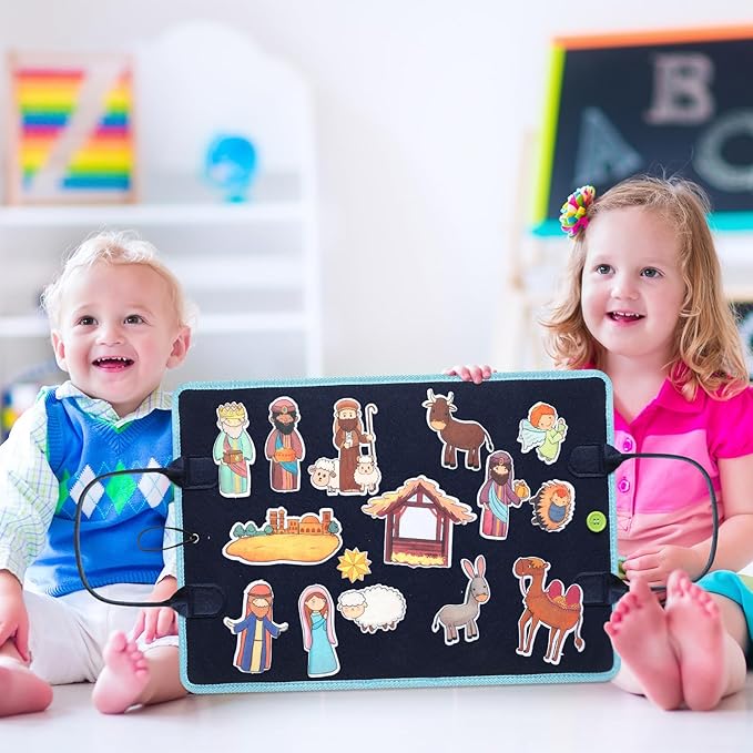 4 Pack Felt Board Bible Stories Set Flannel Board Stories Include Noah's Ark, Jonah and The Whale, David and Goliath, The Nativity of Jesus, 52 Pcs Precut Bible Felt Story Board for Kid