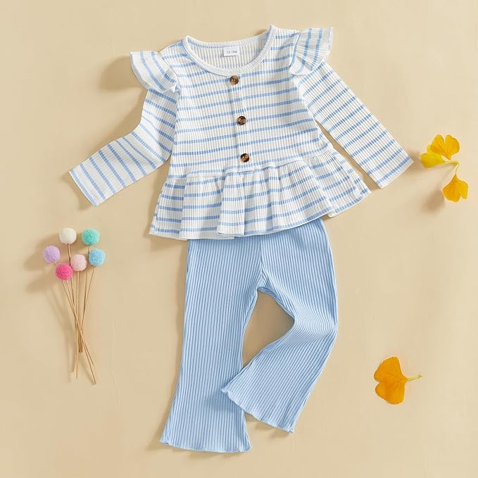 Mubineo Toddler Baby Girl Clothes Cute Ribbed Outfits Knit Long Sleeve Shirt Tops Bell Bottom Pant Fall Winter Outfit