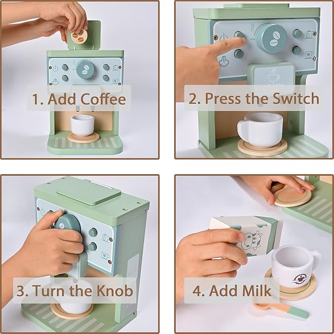 Kids Wooden Toys Toddler Pretend Play Kitchen Accessories Green Coffee Maker Espresso Machine Playset Montessori Kitchen Toy Gift for Girls and Boys