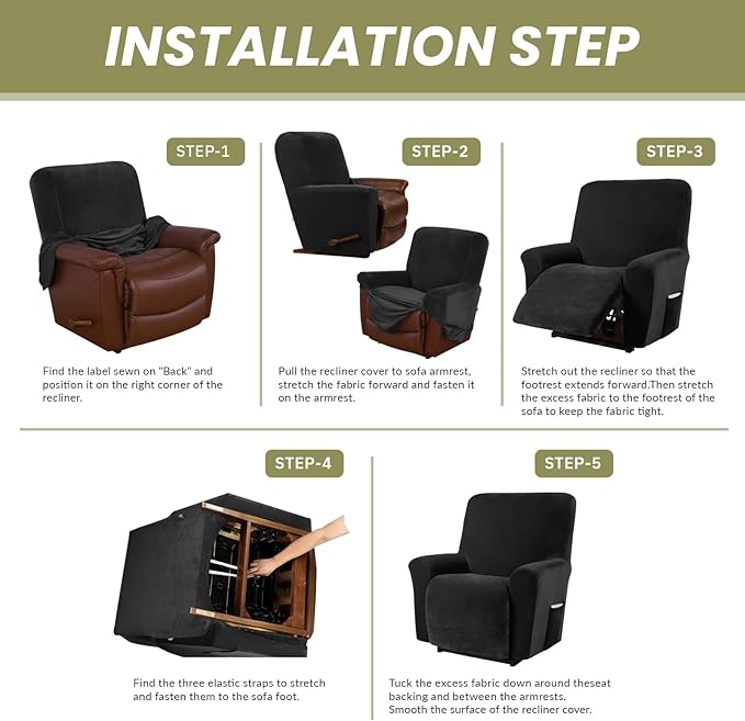 AZON Velvet Stretch Recliner Chair Cover,1-Piece Washable Recliner Couch Cover with Elastic Furniture Protector for Pets, Kids(Recliner, Black)