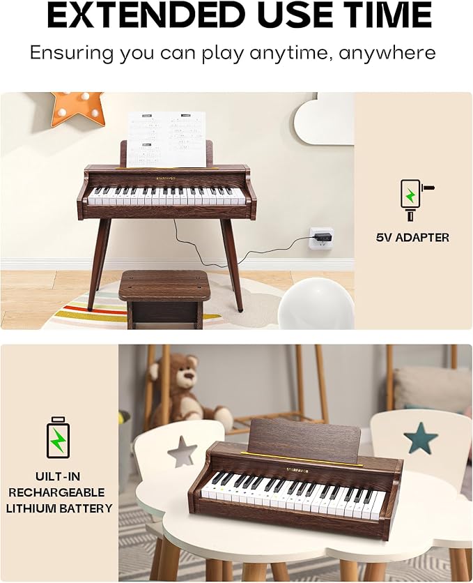 Starfavor Kids Keyboard, 37 Keys Digital Piano with Volume Control, Rechargeable Music Educational Instrument Toy, Wood Piano for 3+ Girls, Boys, Beginner, Toddler
