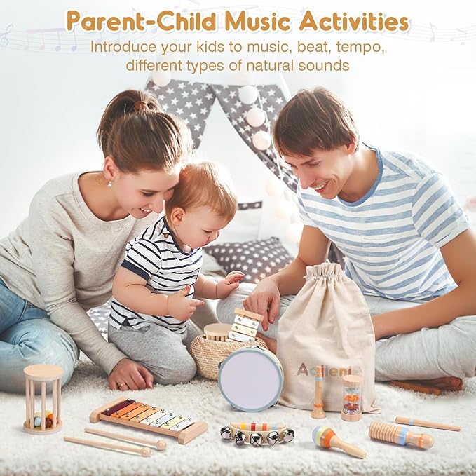 Musical Toys for Toddlers, Montessori Toys for Ages 0+, Wooden Musical Instruments Baby Toys for 1st Birthday, Music Preschool Educational Toys Xylophone for Kids Boy and Girl