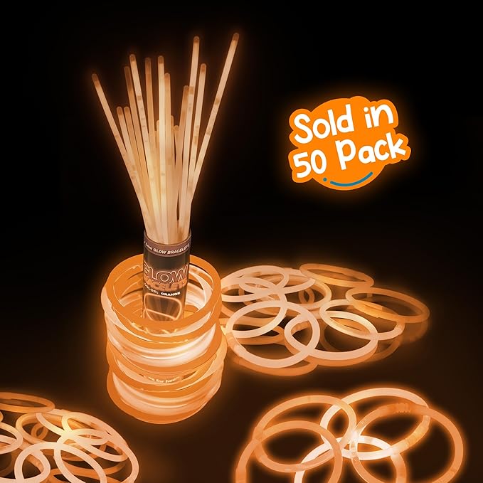 8" Glow Stick Bracelets - Bulk 50 Pack for Mardi Gras, St. Patrick's Day, and Nighttime Celebrations - Orange