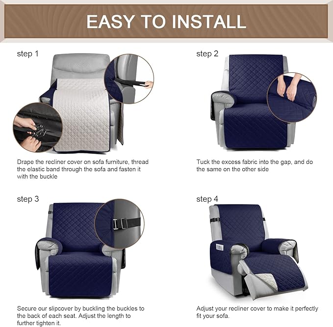 KinCam 100% Waterproof Recliner Chair Cover, Reclining Couch Covers for Pets, Dogs, Recliner Couch Slipcover Furniture Protector with Elastic Straps for Kids(28", Blue)