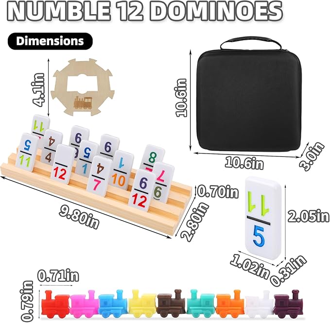Mexican Train Dominoes Set with Numbers and 8 Wooden Racks,Double 12 Dominos Set for Kids, Adults Travel Domino Train Set with 91 Colored Tiles and Upgrated Hub, Classic Board Games for Family Night