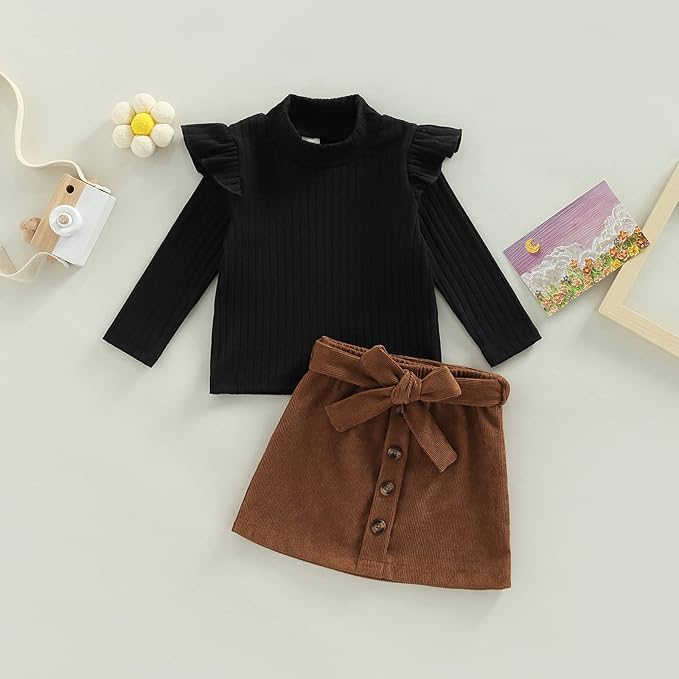 Fernvia Toddler Baby Girl Fall Winter Skirt Set Turtleneck Ribbed Long Sleeve T-Shirt Top & Plaid Skirts Dress 2Pcs Outfits
