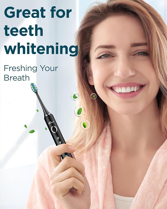 Rtauys M5 Sonic Electric Toothbrush for Adults and Kids - Rechargeable Electric Toothbrush with Electric Toothbrush Cover, 8 Brush Heads & Travel Case, 120 Days Battery Life - BlackSilver