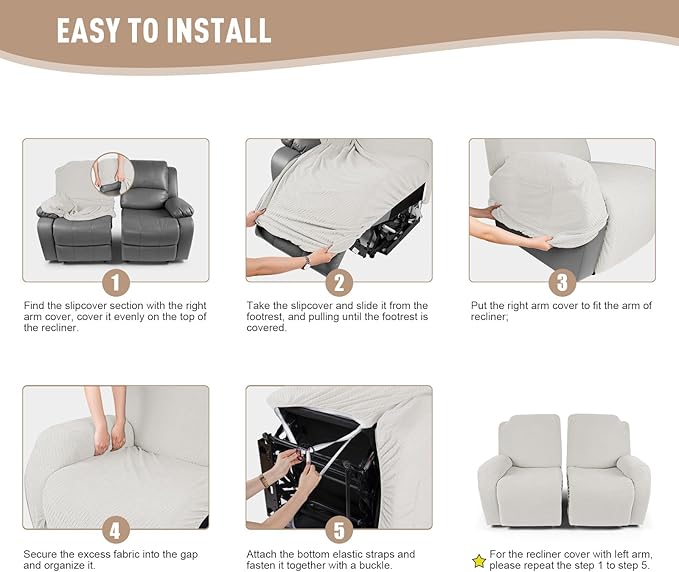 KinCam Recliner Covers, Stretch Reclining Chair Covers, Recliner Sofa Slipcovers Stripe Jacquard Recliner Couch Covers Furniture Protector Covers for Pet Kid (2 Seater, Cream)