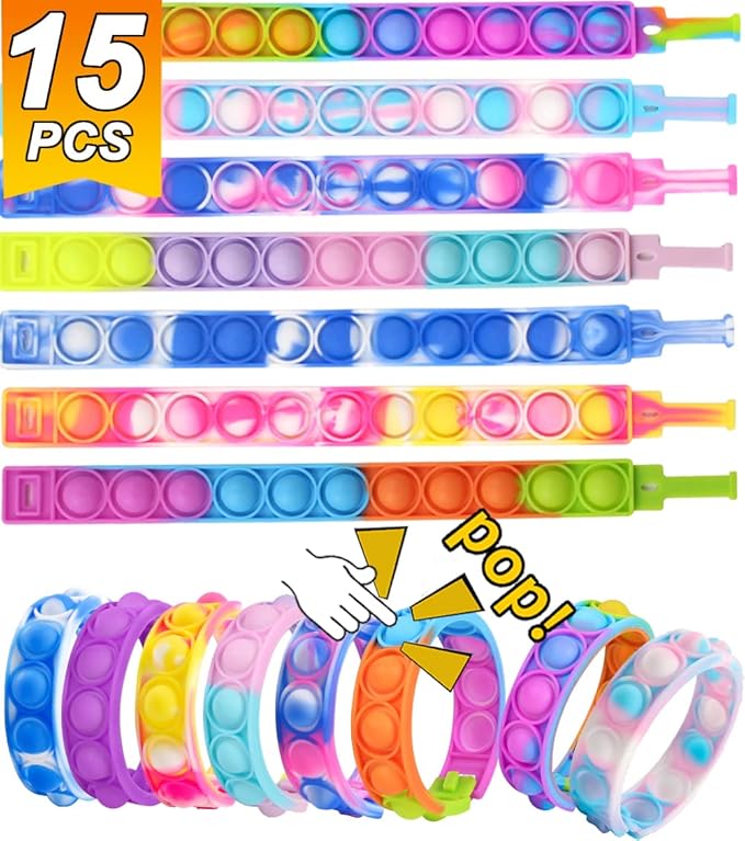 15 PCS Push Pop Bracelet, Party Favor for Kid,Pop Fidget Toys Pack, Fidget Stress Relief Bracelet for Girls Boys Students