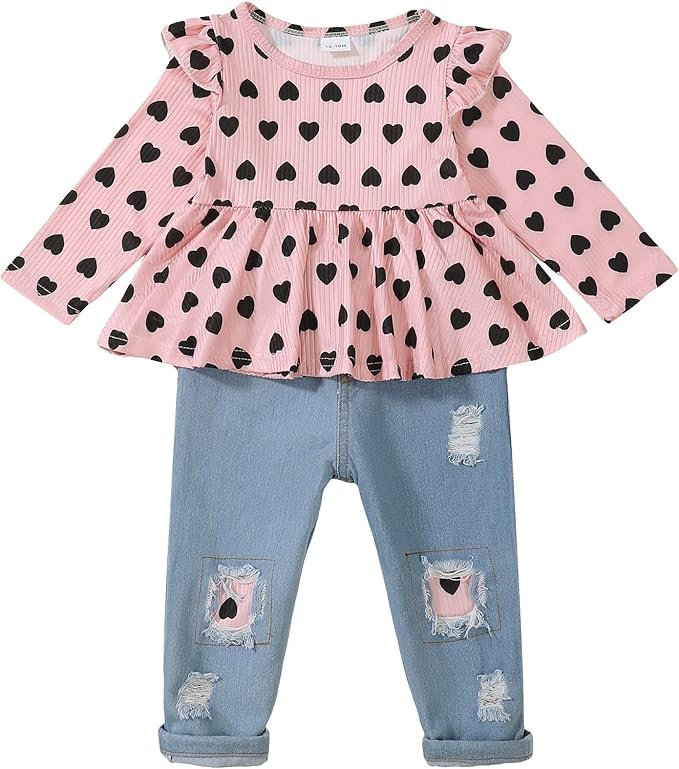 Mioglrie Toddler Baby Girl Clothes 2T 3T 4T 12 18 24 Months Toddler Fall Winter Girls Outfit Jeans Pants Clothing Set