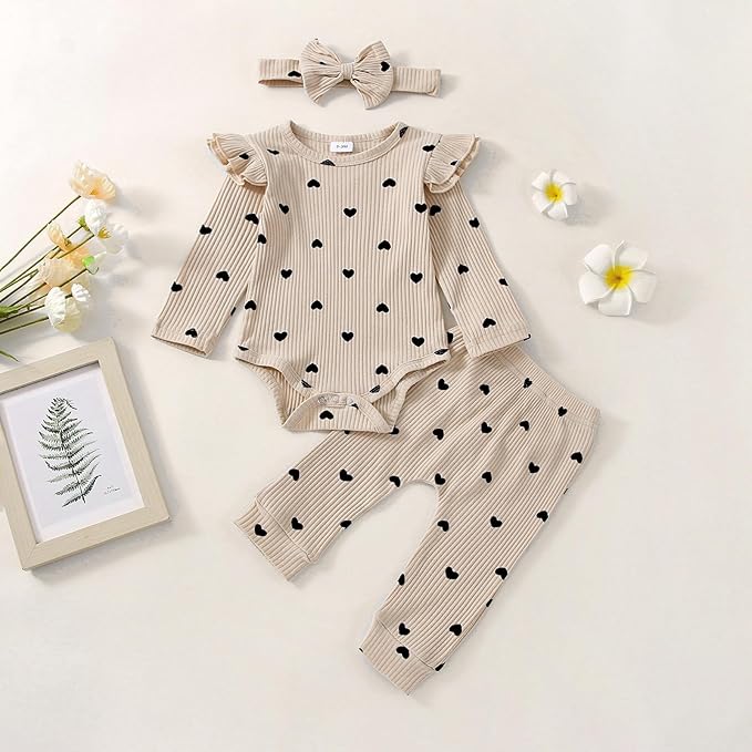 Baby Girl Clothes Newborn Infant Fall Winter Outifts Ribbed Ruffle Long Sleeve Romper Pant Outfit Set 3pcs 0-18Months