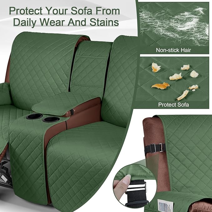 KinCam 100% Waterproof Recliner Loveseat Cover with Console, Non-Slip Reclining Couch Covers for 2 Seat, Recliner Sofa Cover Furniture Protector with Elastic Straps for Kids, Pets, Vine Green