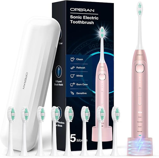 Operan Electric Toothbrush for Adults and Kids Rechargeable Sonic Toothbrush with 5 Modes 2-Min Smart Timer IPX7 Waterproof 40,000 VPM Motor with 8 Brush Heads & Travel Case (Pink)