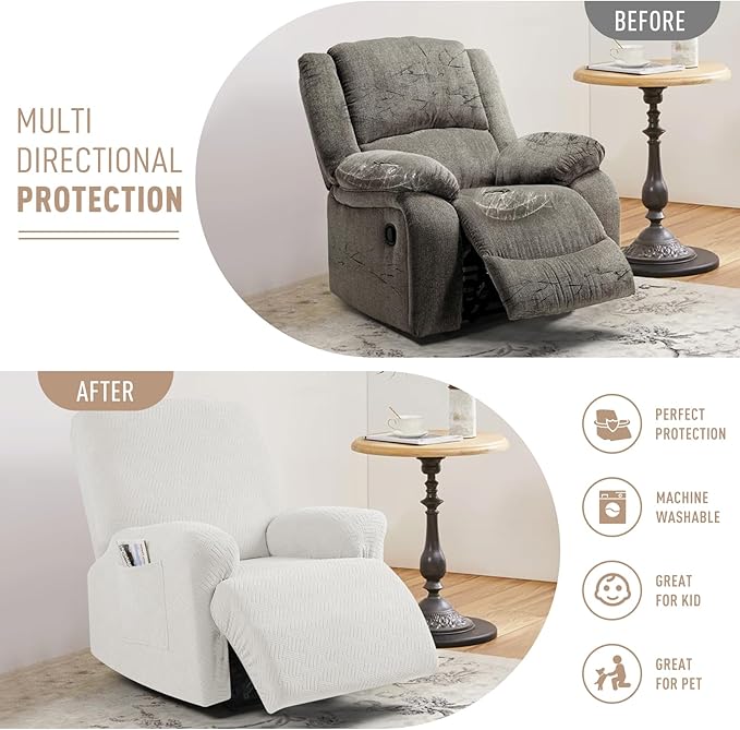 KinCam Recliner Covers, Stretch Reclining Chair Covers, Recliner Sofa Slipcovers Stripe Jacquard Recliner Couch Covers Furniture Protector Covers for Pet Kid (1 XL Seater, Cream)