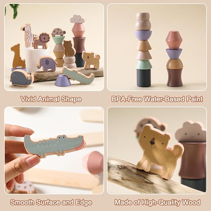 Wooden Animals Threading Toys Lacing Beads for Toddlers 2 3 4 5 Years Old, Stacking Blocks Balance Toy, Educational Preschool Learning Toy, Montessori Activities for Boys & Girls
