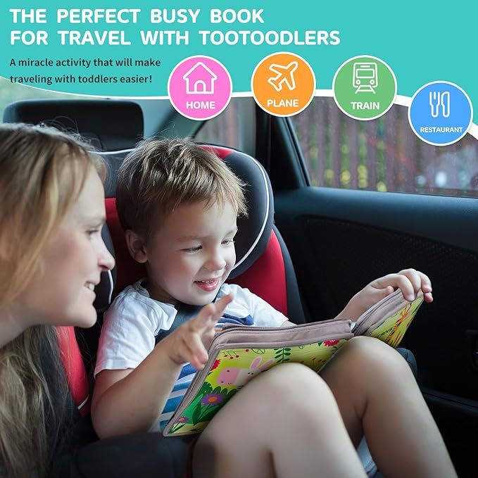 Quiet Book for Toddlers, Busy Book Montessori Toys with Preschool Learning Educational Activities for Boys & Girls,Toddler Book Activity for Car Travel Must Have Trip Essential