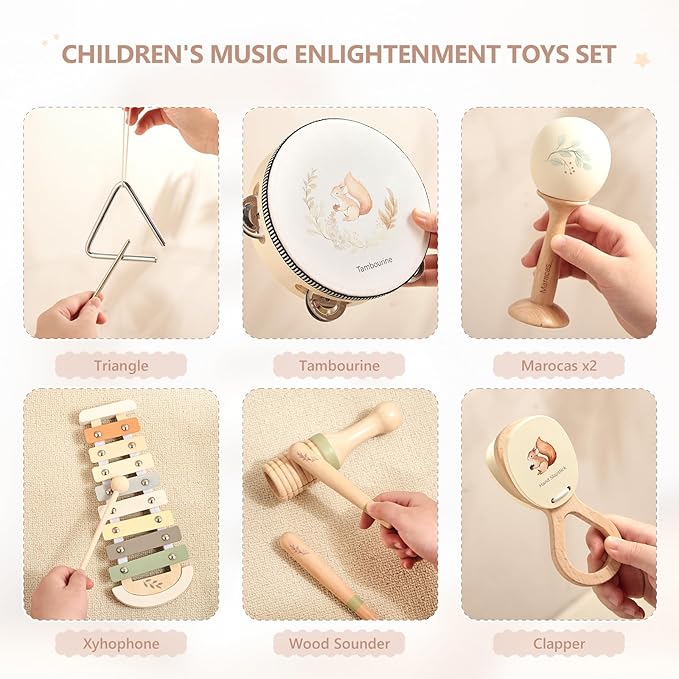 Baby Musical Instruments Set | Montessori Musical Toys for Toddlers 1-3 | Wooden Neutral Colors Percussion Instruments Set with Modern Boho Xylophone | Kids Preschool Educational Birthday Gifts