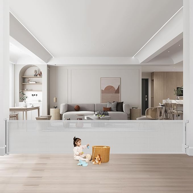 178 Inch Extra Long Baby Gate Retractable Dog Gate Outdoor Gates for Decks Indoor Retractable Baby Gates Wide Dog Gate for Super Wide Openings Retractable Gates for Dogs, Garage Gate, Light Gray