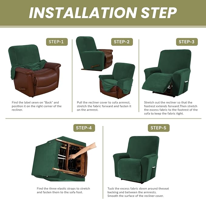 AZON Velvet Stretch Recliner Chair Cover,1-Piece Washable Recliner Couch Cover with Elastic Furniture Protector for Pets, Kids(Recliner, Blackish Green)