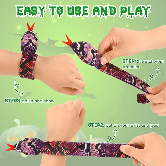 16Pcs Snake Slap Bracelets, Reptile Party Favors Snake Snap Bracelet Fuzzy Animal Slap on Bracelet for Kids Reptile Birthday Party Supplies Christmas Gifts