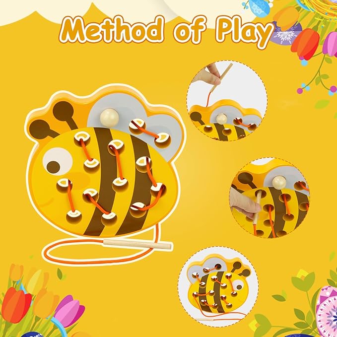 Sealive Wooden Lacing Toys for Toddlers - Fun and Educational Threading Set | Develop Fine Motor Skills | Durable Montessori Toy for Travel (Bee)