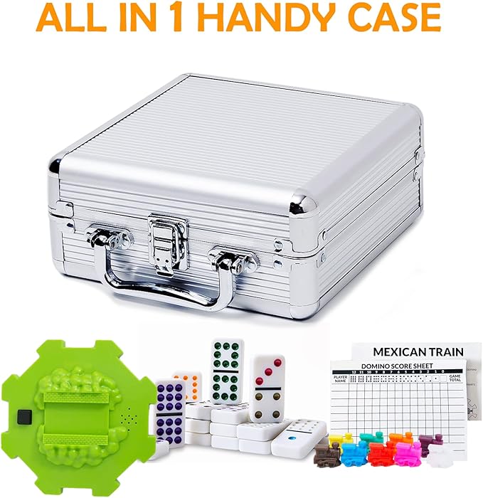 Yinlo Mexican Train Domino Set with Sound Effect, Dominoes Set for Travel, 91 Tiles Double 12 Colored Dominoes Travel Game Set with Aluminum Case