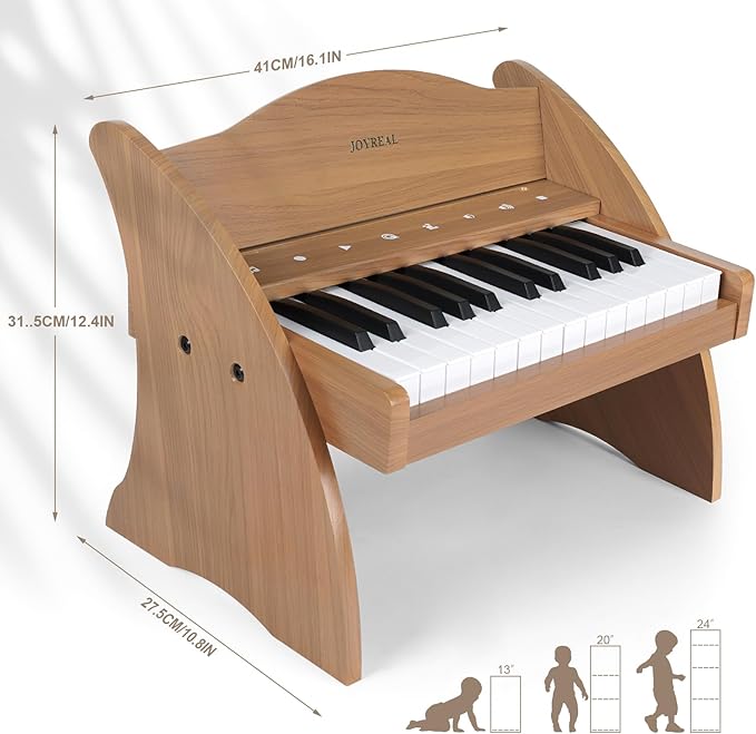 Joyreal Kids Piano Keyboard - 25 Keys Digital Piano Toys with Keyboard Sticker and Touch Sensitive Control Panel,Music Educational Instrument Toy,Wooden Mini Piano Gifts for Girls Boys Ages 3+