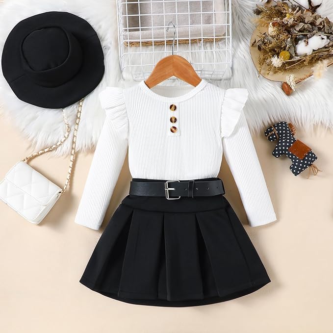 Fernvia Toddler Baby Girl Fall Winter Skirt Set Turtleneck Ribbed Long Sleeve T-Shirt Top & Plaid Skirts Dress 2Pcs Outfits