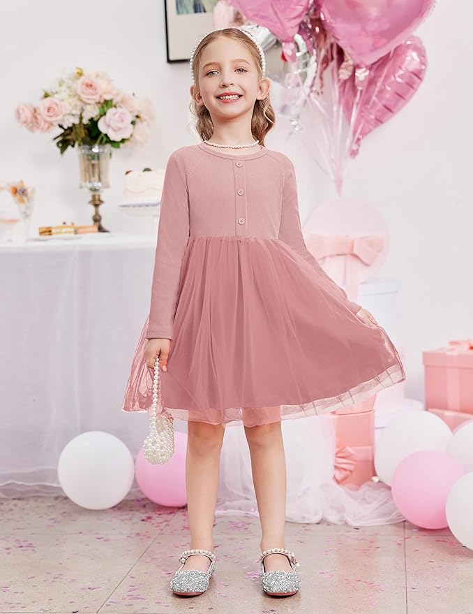 Arshiner Toddler Girls Tutu Dress Long Sleeve Fall Winter Button Front Party Tulle Dresses 2-8Y