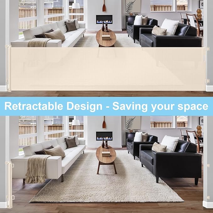 168 Inch Extra Large Baby Gates Extra Wide Retractable Baby Gates Indoor Child Gate for Wide Openings Extra Large Toddler Gate Mesh Kid Gate for Large Opening Outdoor Safety Baby Gates for Dog (Beige)