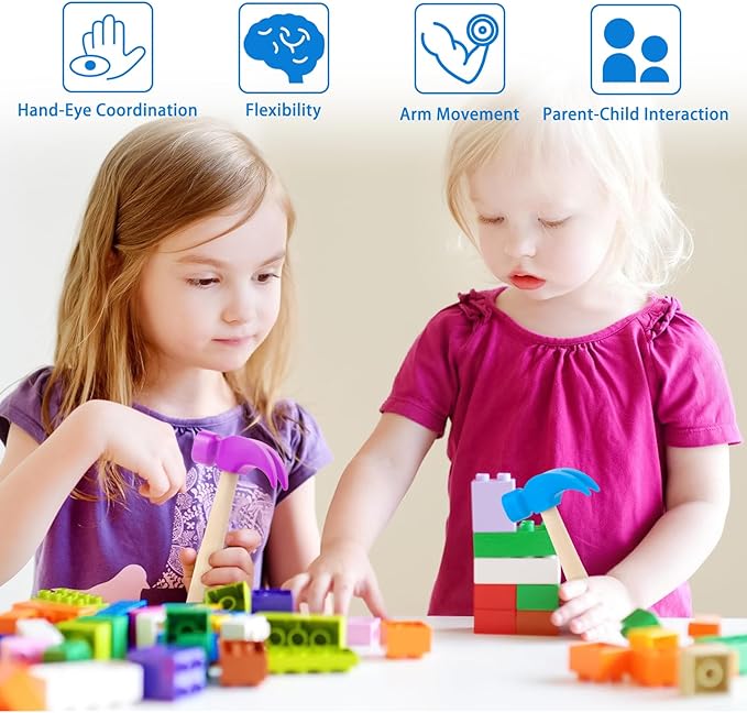 2 Pack Wooden Hammer Toys Simulation Hammers Maintenance Tools Educational Toys for Kids Birthday Party Games Supplies (Blue + Purple)