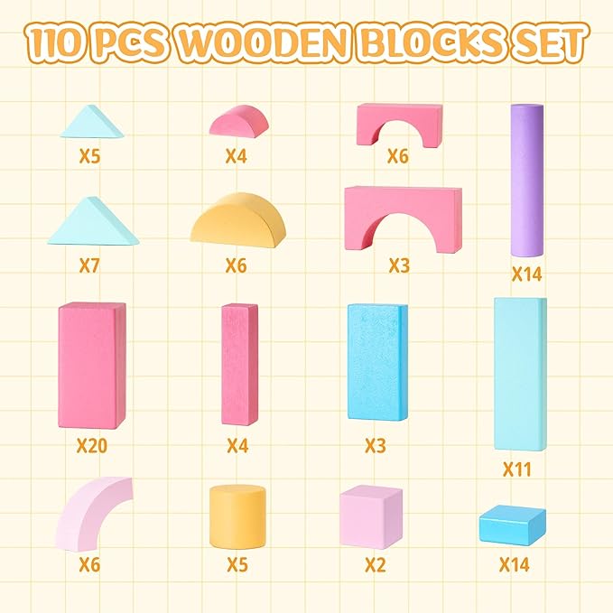 VigorFun 110 PCS Wooden Building Blocks Set - Construction Stacking Toy with Storage Bag, Montessori Preschool Toys for Toddlers Kids Birthday Gifts Ages 3+