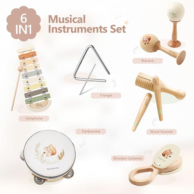 Baby Musical Instruments Set | Montessori Musical Toys for Toddlers 1-3 | Wooden Neutral Colors Percussion Instruments Set with Modern Boho Xylophone | Kids Preschool Educational Birthday Gifts