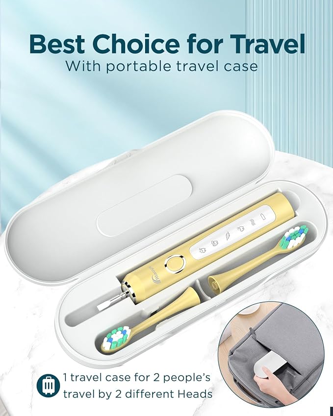 Rtauys M5 Sonic Electric Toothbrush for Adults and Kids - Rechargeable Electric Toothbrush Kids Ages 12+ and Adults with 8 Brush Heads & Travel Case, 120 Days Battery Life - Yellow