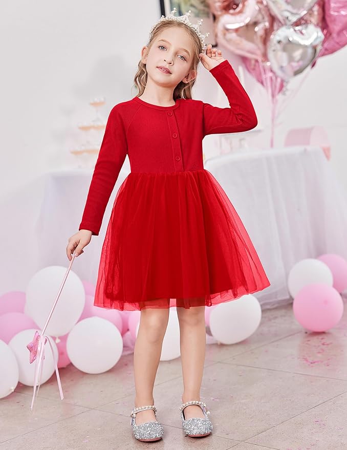 Arshiner Toddler Girls Tutu Dress Long Sleeve Fall Winter Button Front Party Tulle Dresses 2-8Y
