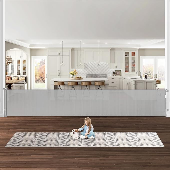 175 Inch Extra Wide Retractable Baby Gates for Large Openings, Extra Long Retractable Dog Gate for Doorways 33" Tall Mesh Pet Gate for Wide Openings Large Baby Gate for Indoor Outdoor (Light Gray)